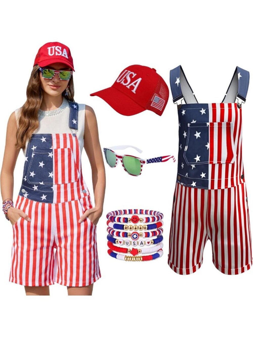 4th of July Outfits - Women's American Flag Overalls Set, Festive Summer Style